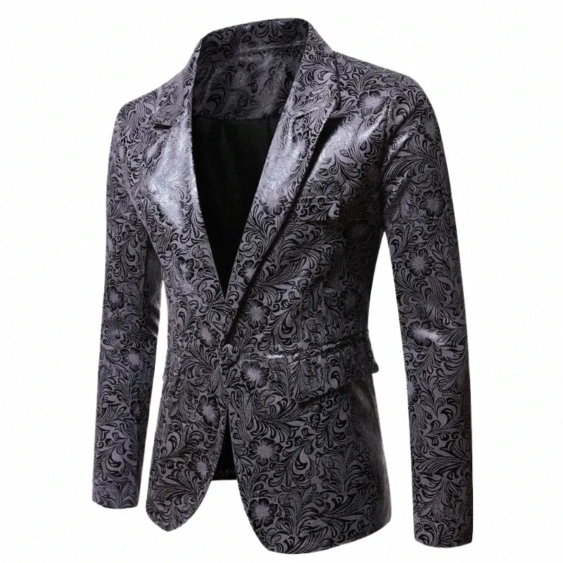 Primavera Mens Bright Surface Blazer Giacca Fi Collo a scialle One Butt Suit Blazer Uomo Stampa Stage Singer Costume Homme A30k #