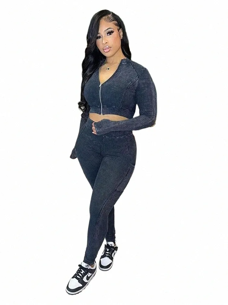 weird Puss Sporty 2Piece Set Women Tracksuit Ribbed Casual Fitn Tight Zip Jersey+Leggings Streetwear Matching Stretch Outfits x3Jw#