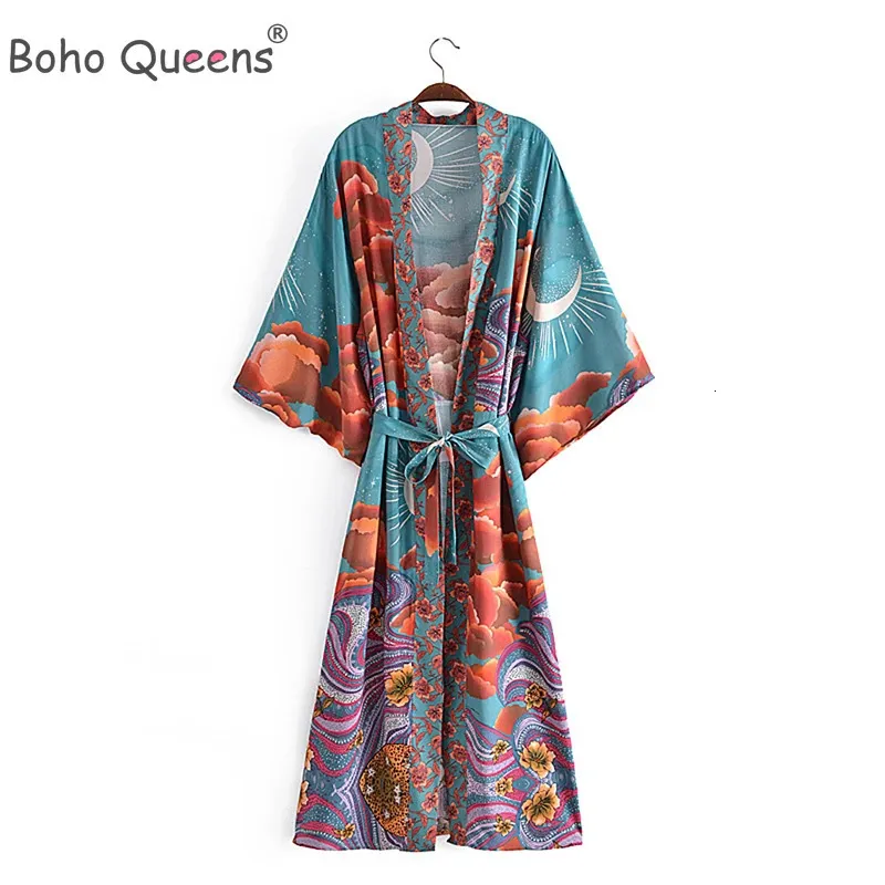 Boho Queens Mulheres Estrela Floral Impressão Bat Manga Praia Bohemian Kimono Vestidos Robe Senhoras V Neck Verão Bikini Cover-up 240314