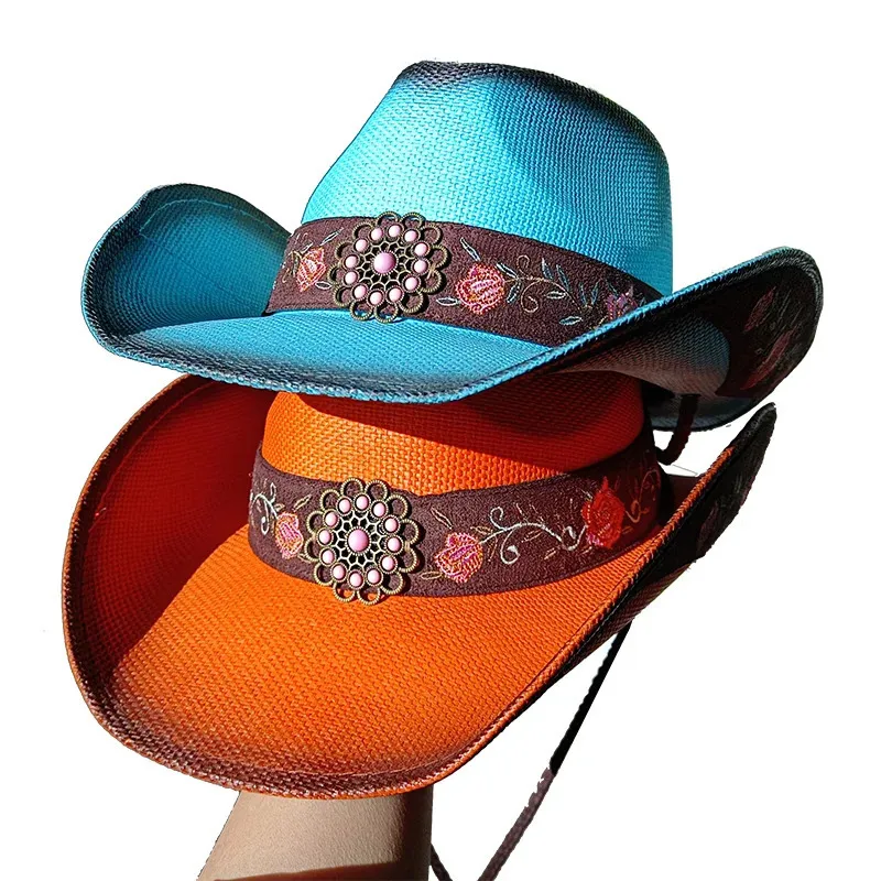 Chapéu de cowboy azul lago, palha enrolada, verão, guarda-sol engrossado, masculino e feminino, praia 240326