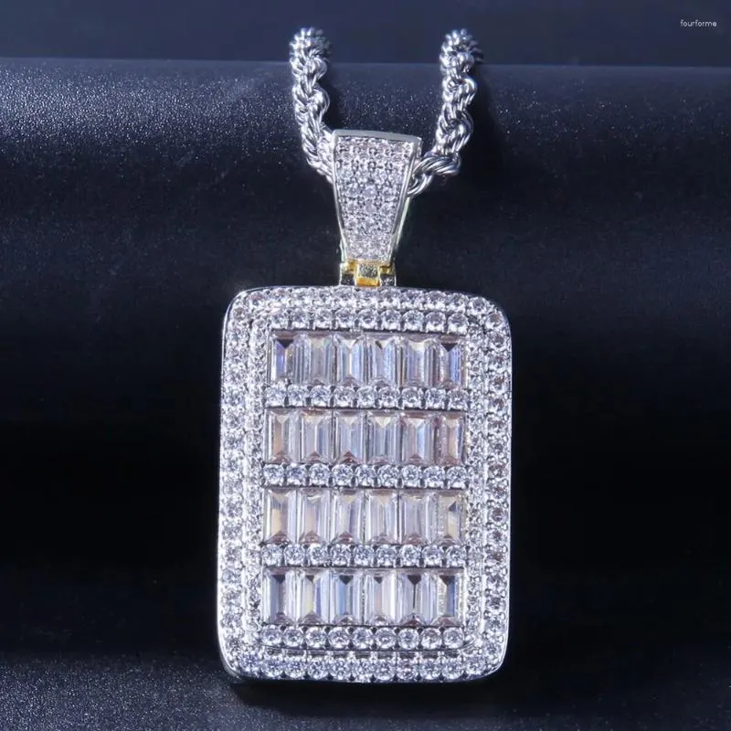 Anhänger Halsketten Hip Hop CZ Steine gepflastert Bling Out geometrische quadratische Anhänger Halskette Hundemarke für Männer Rapper Schmuck Geschenk