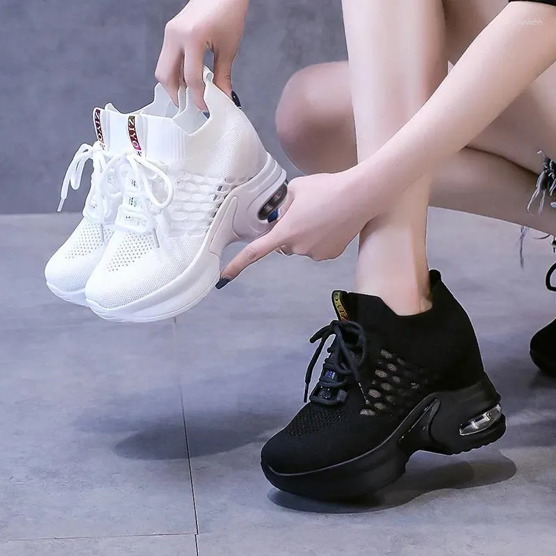 Casual Shoes White Woman 2024 Summer Breattable Mesh Sneakers Fashion Black 9cm Hollow Out Sport Wedge Chunky High Dad