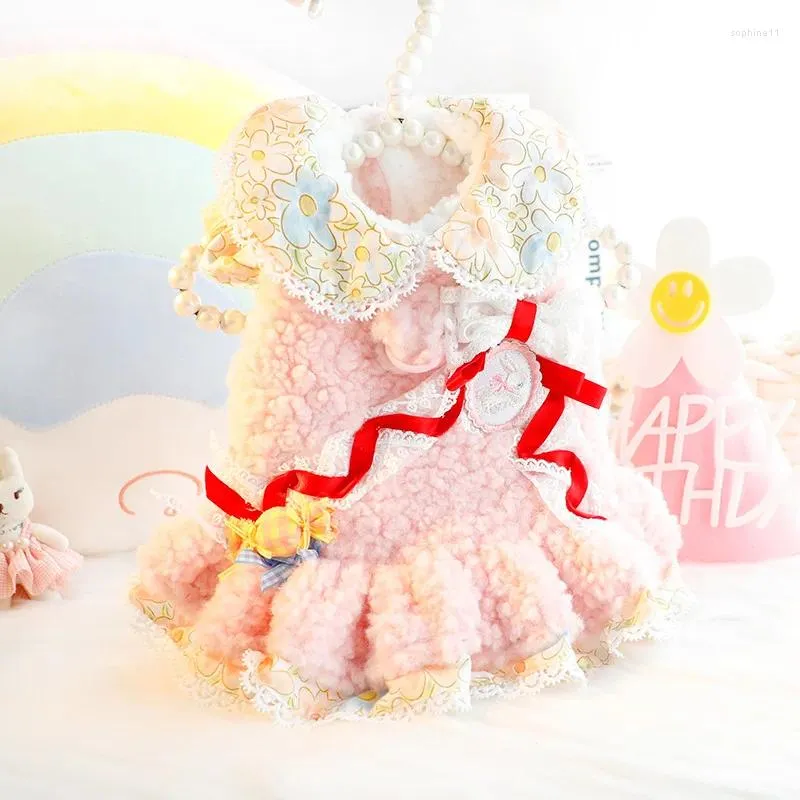 Vêtements de chien laçage de design robe petits vêtements bonbons couleurs en peluche chien vêtements chat sweet kawaii hiver chaud collection de produits pour animaux de compagnie épais