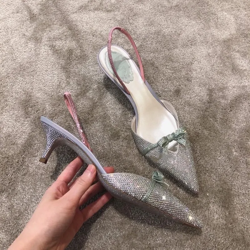 Dress Shoes QSGFC Silver Color Crystal Decoration Style Wine Glass Heel Friends Party Shoes Nigerian Fashion Ladies Shoes And Bag For Party J240328