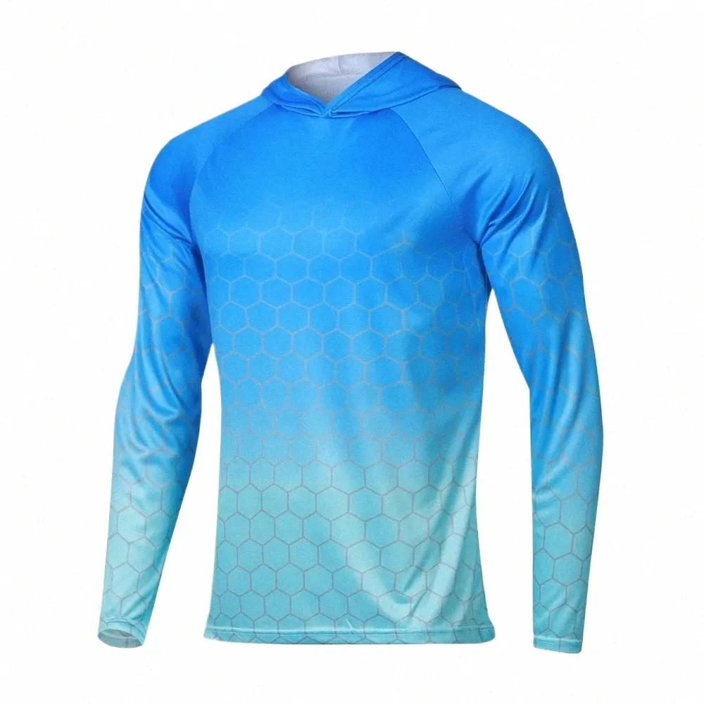 Feiyue Men's Sun Protecti Hooded Blue TシャツUPF 50+ LGスリーブクイックドライ通気ハイキングGO釣りシャツUVプルーフトップE7oc＃
