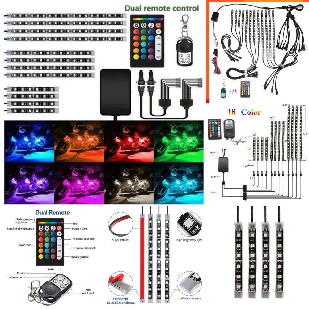 ترقية جديد 18 لونًا 12pcs RGB شريط LED LED مصباح Neon Neon Remote Kit لجميع أنواع شاحنات دراجة الدراجات النارية للدراجات النارية