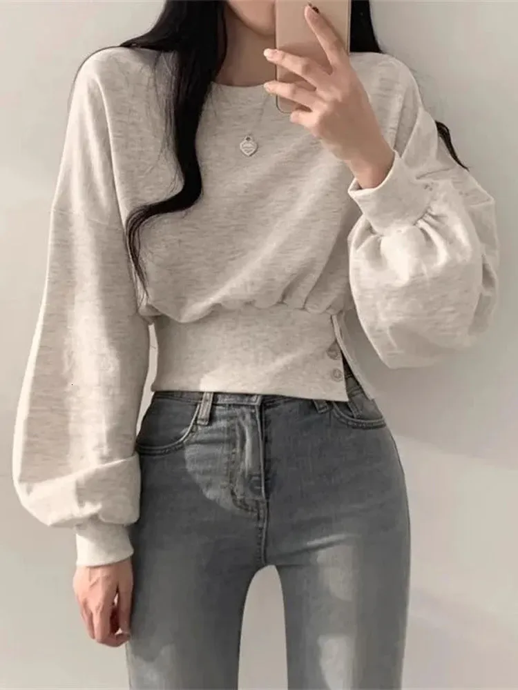 Herfst Sweatshirt Vrouwen Harajuku Crop Lange Mouw Top Vrouwelijke Koreaanse Chic Sportieve Hoodies Dames Vintage Casual Knop Sweatshirts 240328