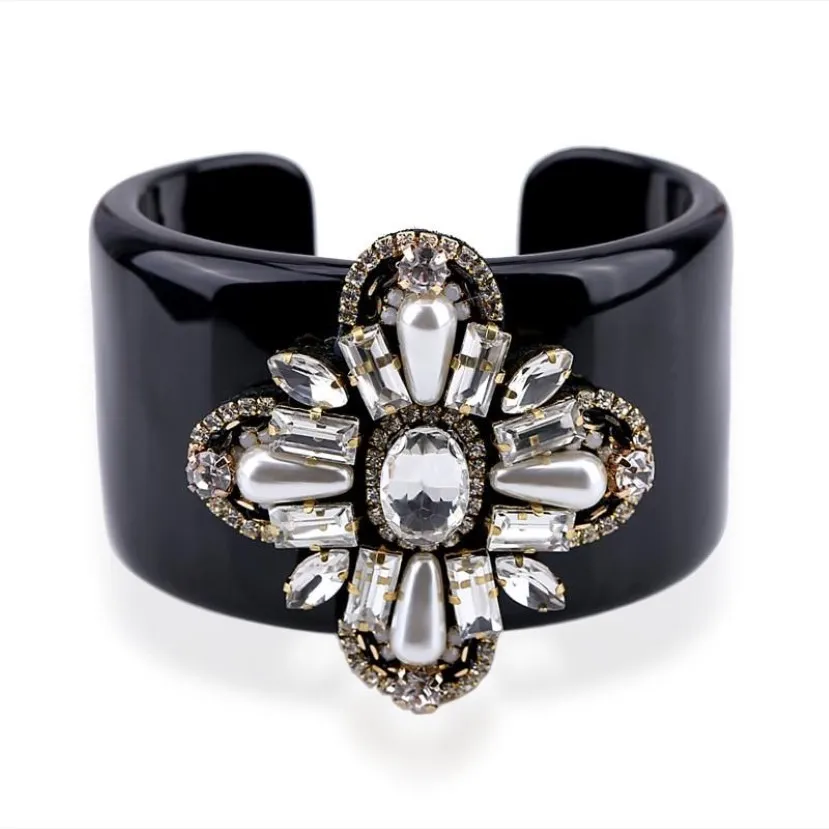Bracciale HAHATOTO Trendy resina nera intarsiata a mano in cristallo con perline fiore dichiarazione gioielli da donna 3297285u