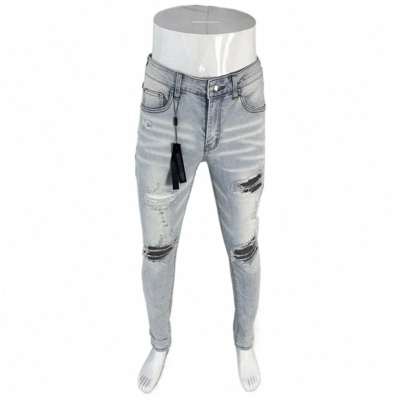 High Street Fi hommes jean rétro bleu clair Stretch coupe maigre déchiré jean hommes patché concepteur Hip Hop marque pantalon Hombre 10O5 #