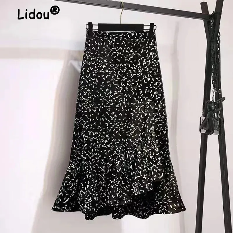 Fashion Printing Patchwork Fishtail Skirt Women Classic High Waist Chiffon Slim Office Casual Allmatch Lady Aline 240326