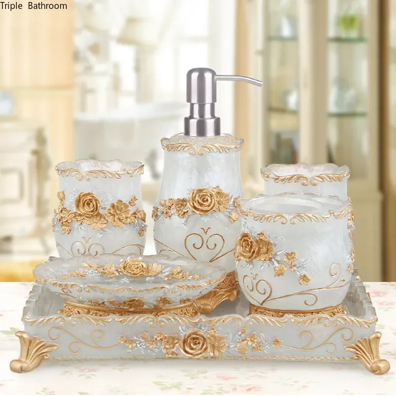 Set di accessori per il bagno di lusso in stile europeo set di fiori romantici lavaggio in resina antica completo di forniture per il bagno tazza per collutorio