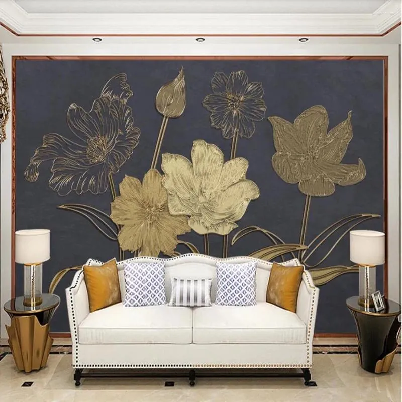 Wallpapers Milofi personalizado grande papel de parede mural 3d atmosférica belas flores europeias linhas douradas em relevo tv fundo mura
