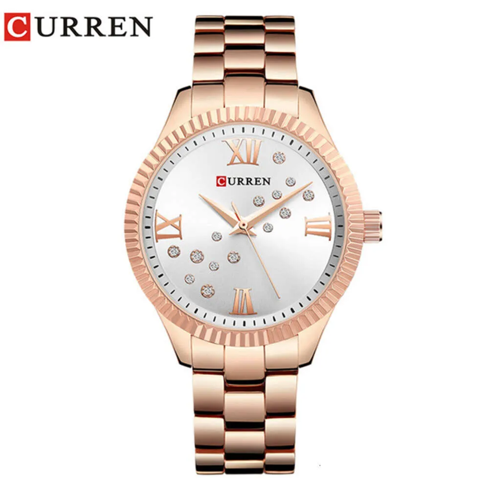 Karien Curren9009 Moda Diamante Aço Inoxidável Quartzo Relógio Feminino Moderno