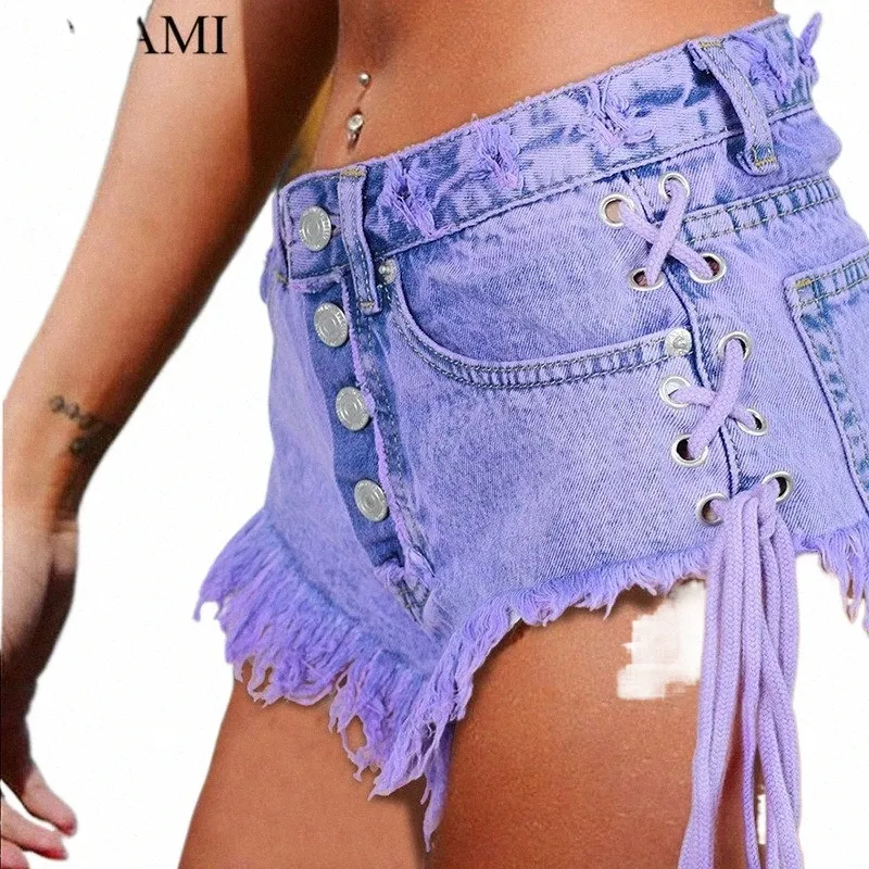 logami Highwaisted Mini Jeans Shorts Mulheres Ambos os Lados Gravata Mini Curto Sexy Shorts Jeans Jeans V1oG #