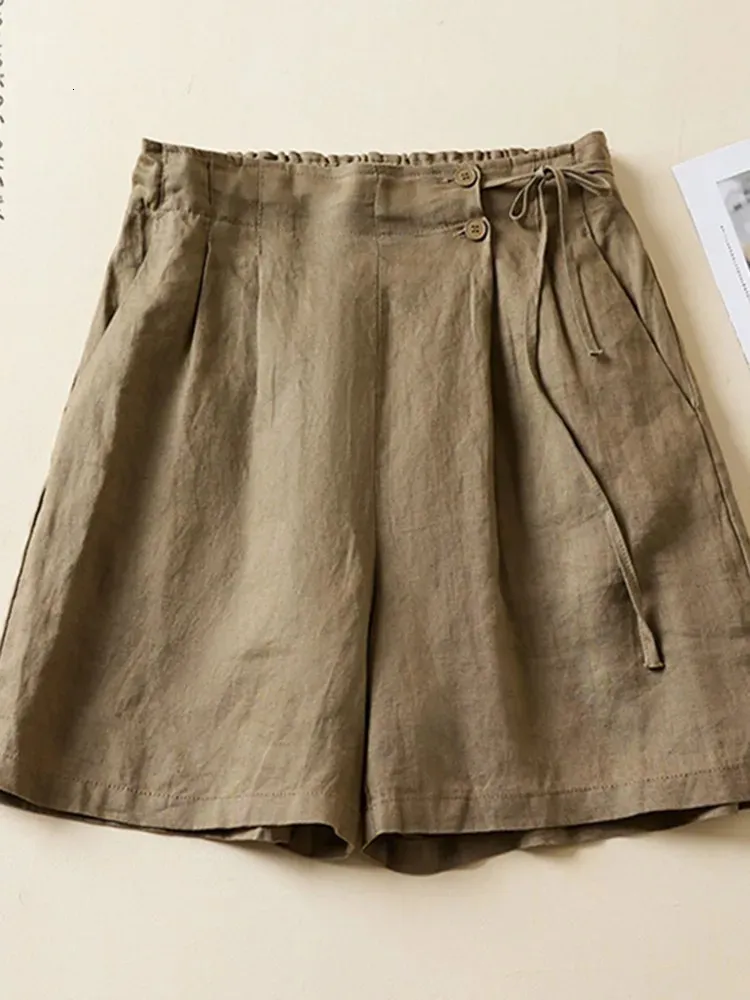 Kvinnor avslappnade korta byxor ankomst sommar vintage stil fast färg lösa bekväma kvinnliga bomullslinne shorts b2438 240312