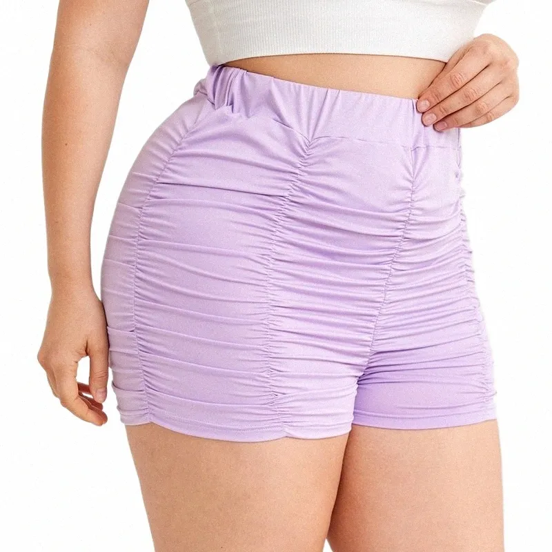 Plus la taille taille élastique sexy été décontracté shorts froncés femmes solide violet taille haute skinny biker shorts femme grande taille 6XL 17ug #