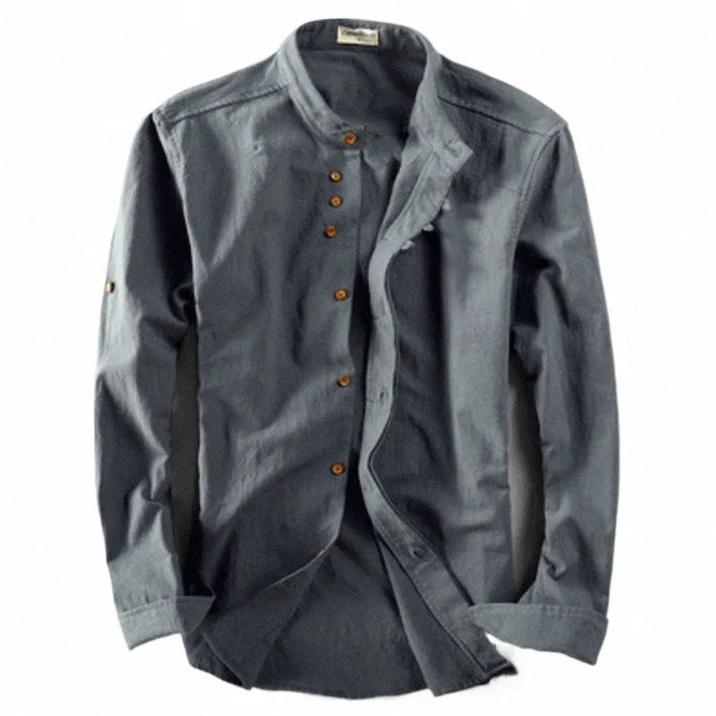 Primavera camisa masculina japão estilo vintage premium linho gola magro ajuste único breasted design simples camisas casuais fi v8v2 #