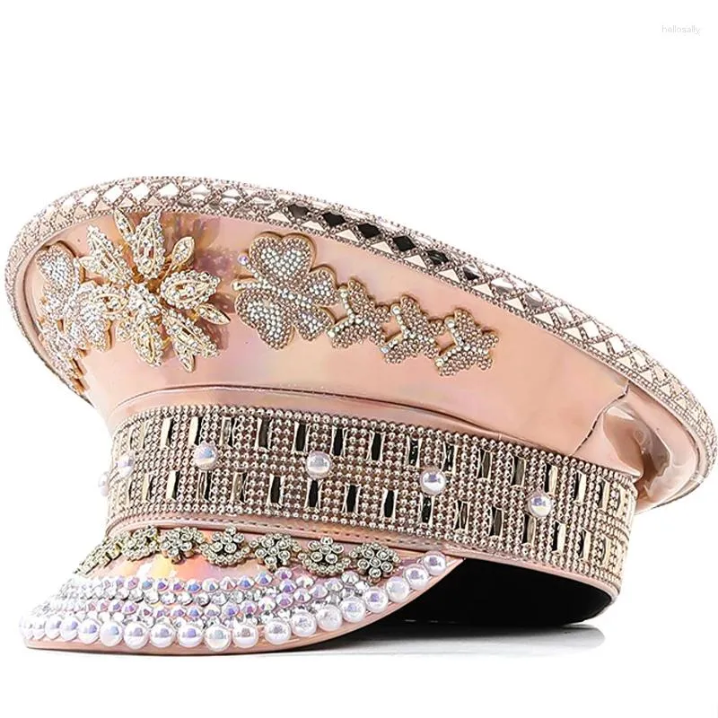 Boinas Mujeres de lujo Pu Sombrero militar Lentejuelas Burning Yacht Week Capitán Sargento Rhinestone Rave Festival Bachelorette Part