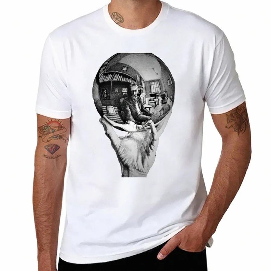 nuova maglietta Escher - mano e sfera di cristallo Maglietta a maniche corte maglietta semplice tinta unita bianca magliette da uomo i2ms #