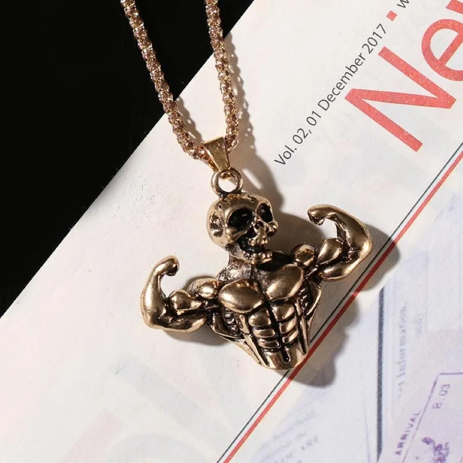Rock Gold Goth Man Pendant Nacklace Women Skull Hip Hop Jewerly Metal Punk Muscle Triangle Long Rope Party Gift Halsband277q