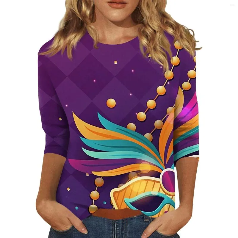 Women's T Shirts Fashion Casual 3/4 Sleeve Mardi Gras Carnival Themed Costume Party Mask Print Stand Collar Pullover Top Women