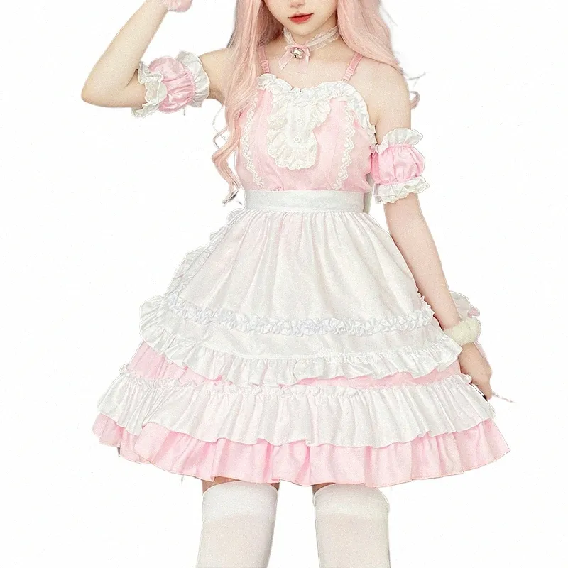 Japońska słodka lolita Dr anime cat dziewczyna plus size Maid halen cosplay cosplay różowe marszczenia kawaii print impert dres x4b9#