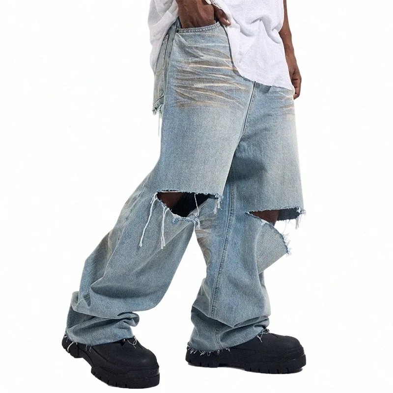 Ripped Knee Denim Jeans Men's Big Hole Wide Leg Mop Pants, Hip Hop  Elephant Style, Y2K Vintage Baggy Streetwear Pants