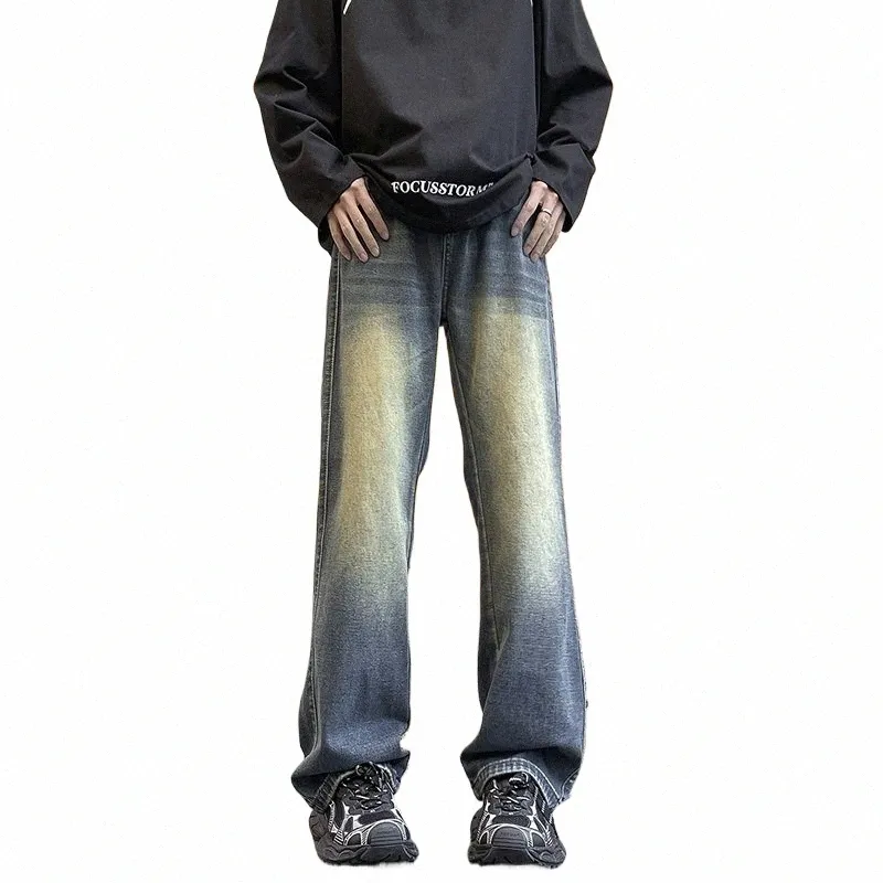 unvanqu 2024 Spring Korean New Heavy Wed Men Micro Flares Jeans Simple Loose Denim Pants Fi Street Casual Work Byxor K6KI#