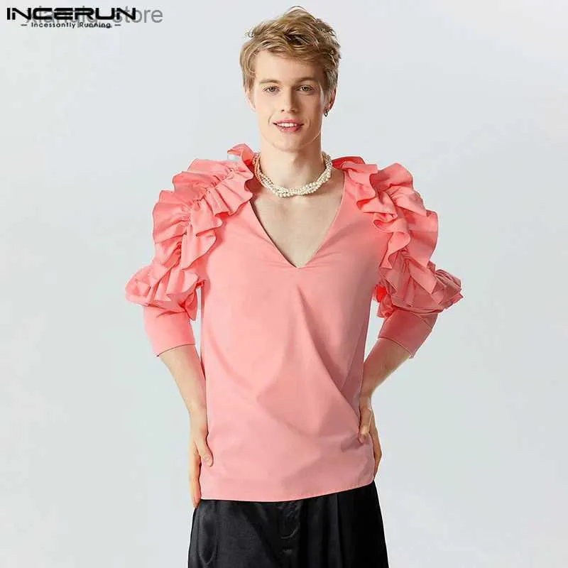Men's T-Shirts 2023 Men T Shirt Solid Color Ruffle V Neck 3/4 Sleeve Personality Streetwear Men Clothing Party Fashion Camisetas S-5XL24328