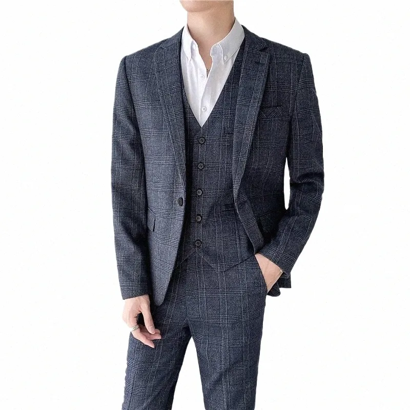 Plus Size S-7XL Blazer Vest Pantaloni Luxury Men Suit 3 pezzi Set Fi Boutique Lattice Groom Wedding Dr Tuxedo Suit da uomo d8Q6 #