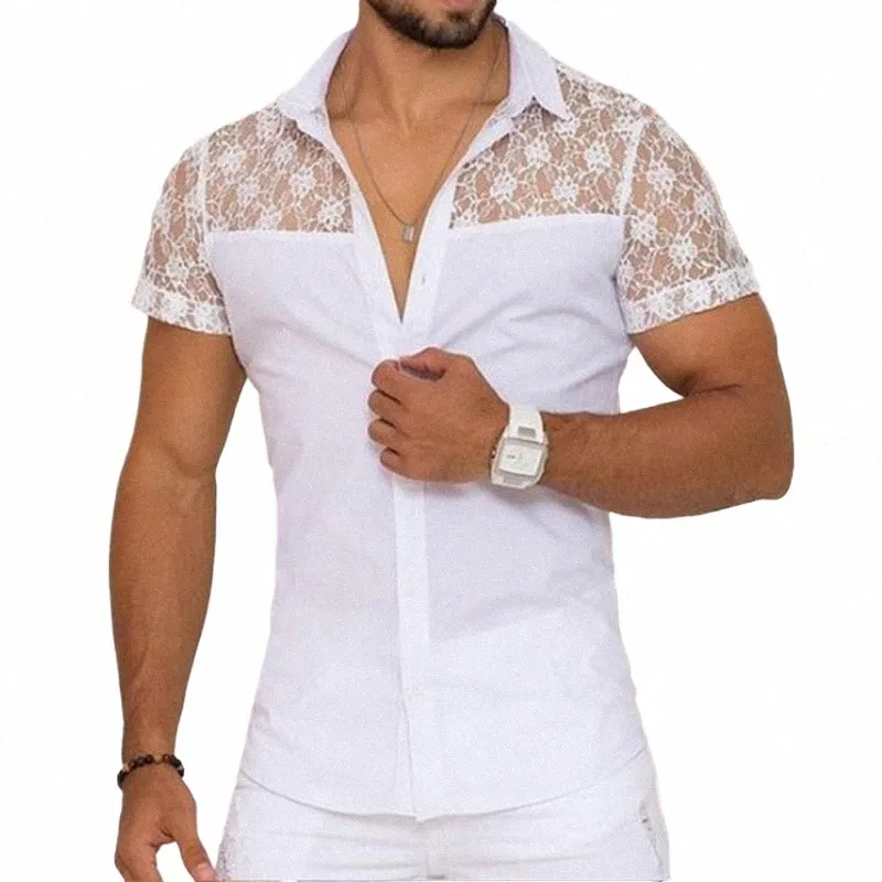 incerun Men Shirt Lace Mesh Patchwork Lapel Short Sleeve Streetwear See Through Sexy Camisas Summer 2024 Party Men Clothing N5Ra#