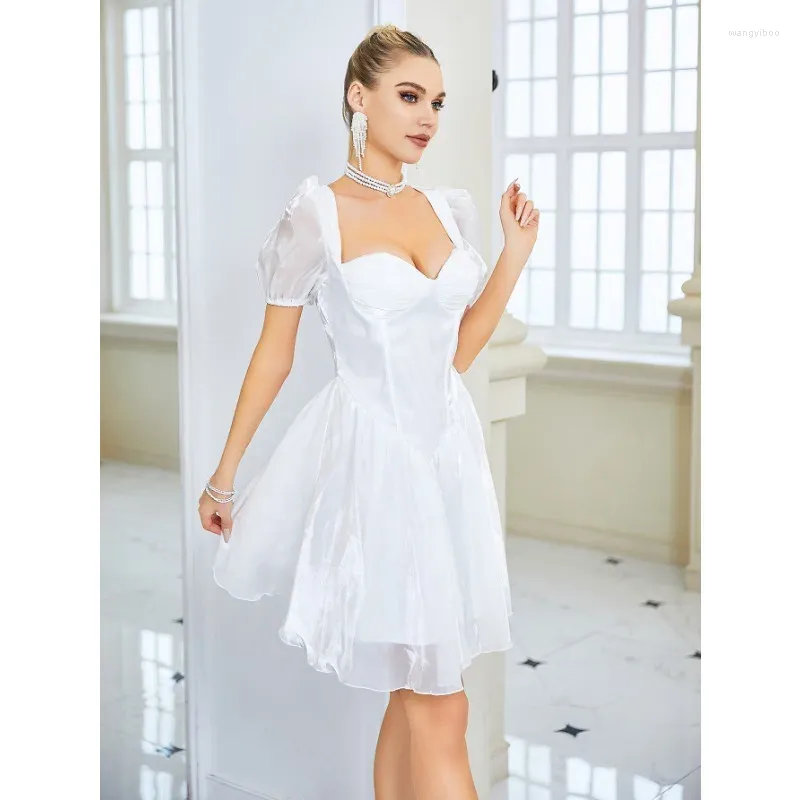 Robes décontractées femmes sexy manches courtes bouffantes col en V taille haute froncée coupe ajustée robe de soirée Y2K INS vêtements élégant corset fête