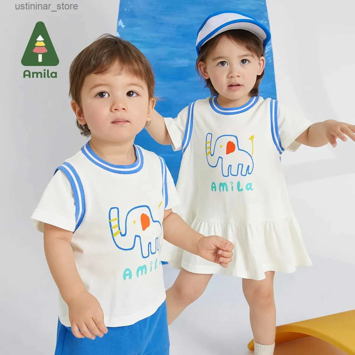 T-shirts Amila Baby Set 2023 Summer New Cute Cartoon Print T-shirt + Shorts 2-piece Sets Sports Breathable Children Boys Girls Clothes24328