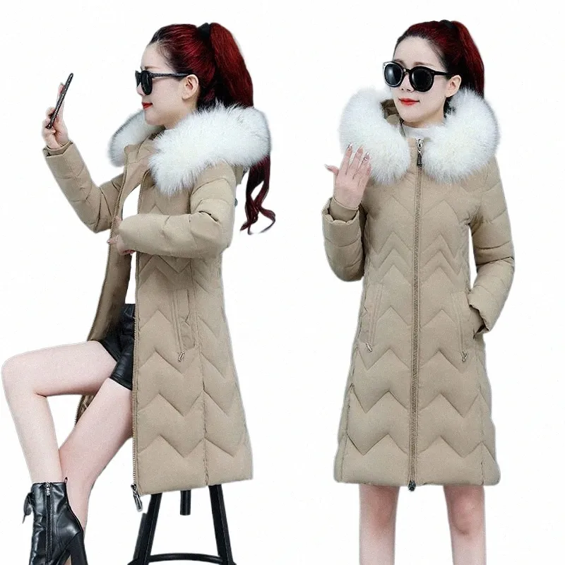 2023 Women's Down Parkas Winter Jacket Big Fur Collar Thick Slim Coat Fi Hooded Cott Outerwear Female Casual N157 R11e#