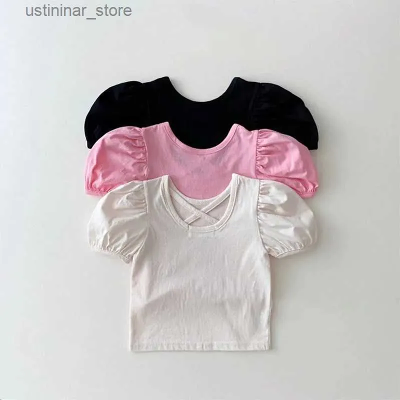티셔츠 2023 여름 새 아기 짧은 슬리브 T 셔츠 패션 소녀 퍼프 슬리브 T 셔츠 솔리드 아이 캐주얼면 T 셔츠 유아 아기 탑 24328