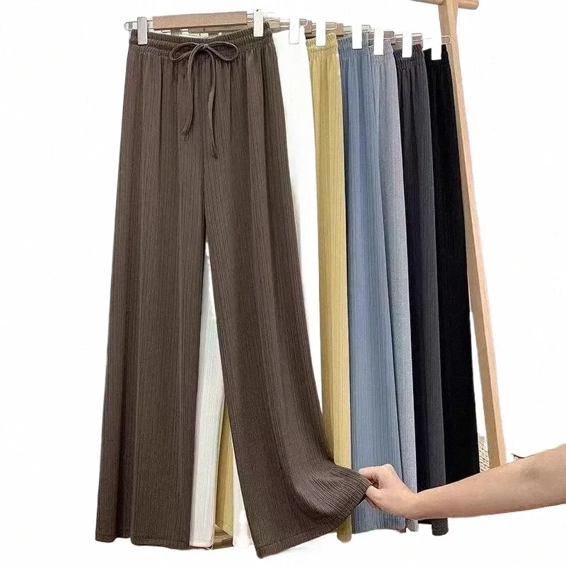 Pantalon à jambes larges en soie glacée à rayures verticales pour femmes Printemps et été Taille haute avec cordon de serrage Pantalon droit extensible décontracté U3az #