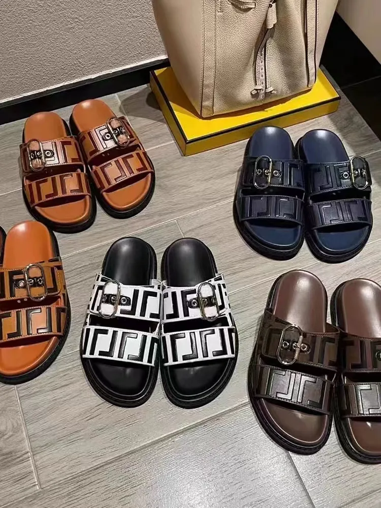 Designer Luxury Brand Slippers, nieuwste F-vormige damesschoenen, high-end echte lederen schoenen, platte hakken, veelzijdige casual fabrieksschoenen