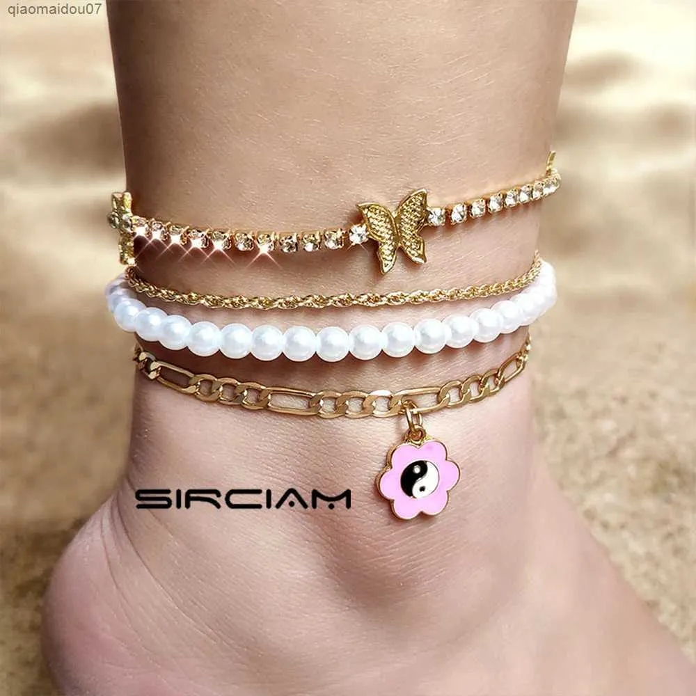 Anklets Bohemian Pink Emamel Flower Pearl Necklace Womens Crystal Butterfly Ankle Armband Layered Tennis Armband Beach Jewelryl2403