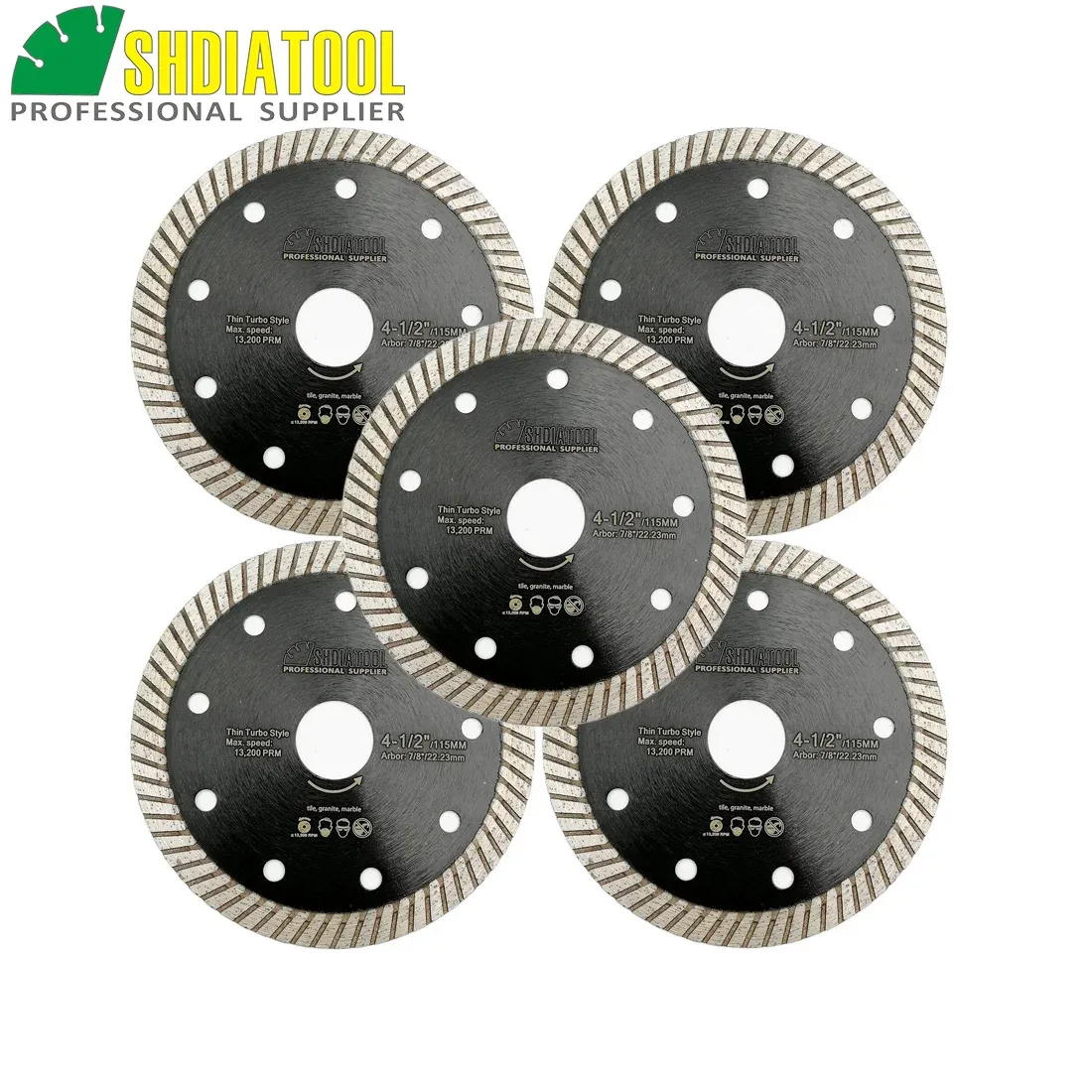 Zaagbladen SHDIATOOL 5pcs 4,5"/115MM Lâminas de serra de diamante superfinas Disco turbo superfino com disco de corte de azulejo de altura de segmento de 10mm