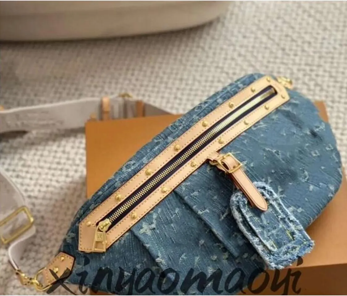 Luxurys designer 7a toppkvalitet män dubbel blixtlås crossbody väska mode plånböcker äkta denim handväskor mode axelväskor crossbody canvas sac bröstväska