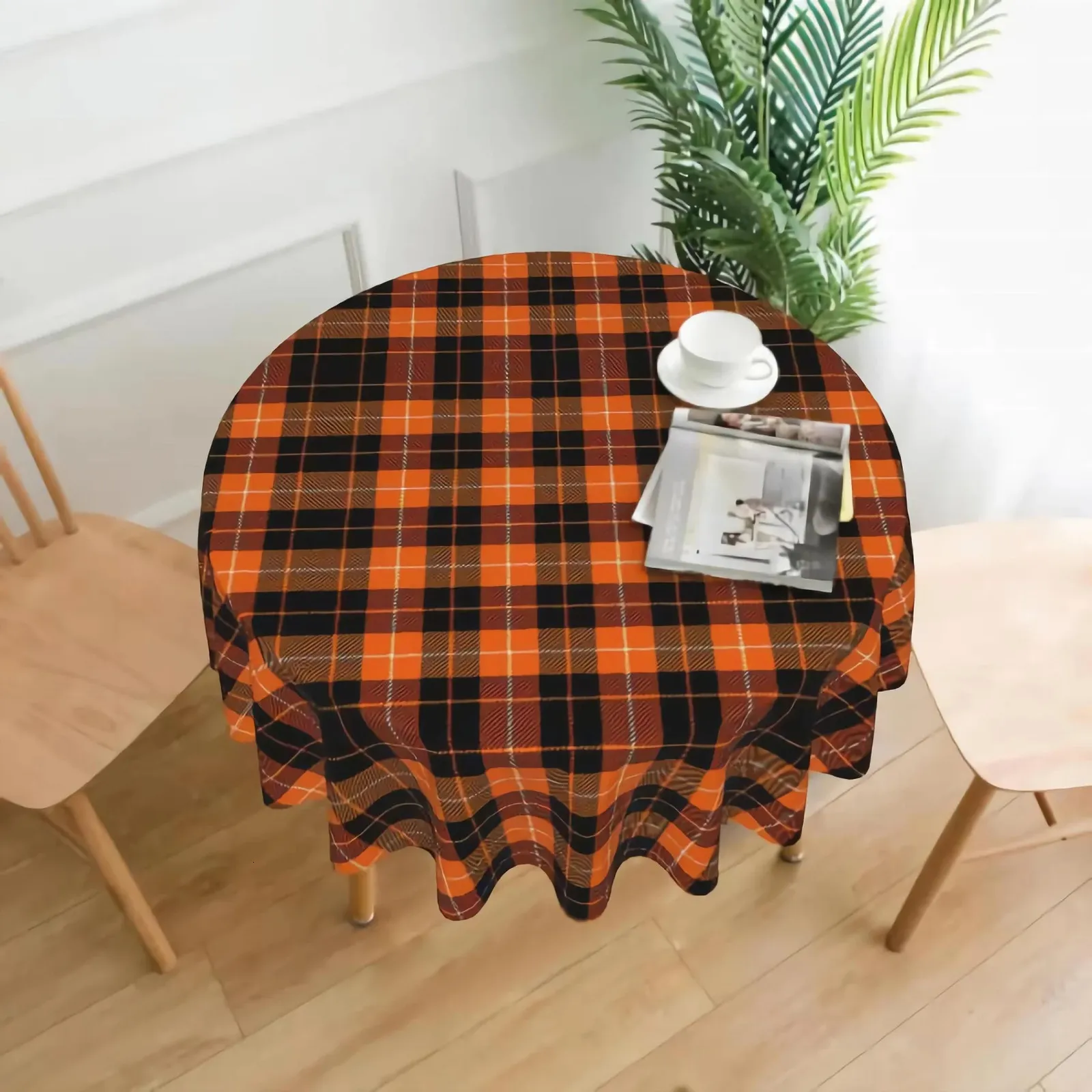 Oranje tartan geruit rond tafelkleed waterdicht kreuk- en wasbare hoes 150 cm diameter 240312