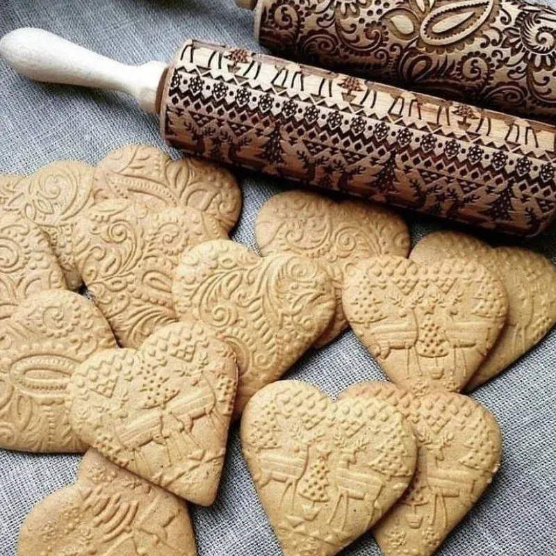 NEW 35CM Christmas Embossed Rolling Pin Wood Carved Cookies Biscuit Fondant Dough Baking Engraved Printed Roller Holiday Gifts