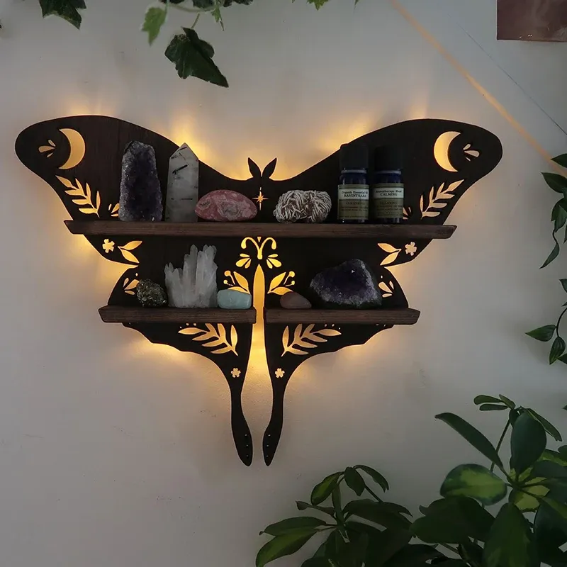 Стеллажи Luna Moth Lamp Crystal Полка Стеллаж для хранения масла Бабочка Деревянный настенный дисплей Декор Настенное крепление Гостиная Домашний органайзер Полка