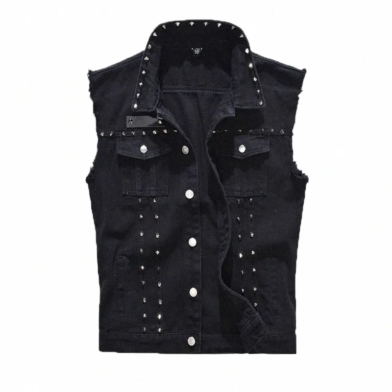 2021 Printemps Automne Hommes Rivet Gilet Vintage Mer Jean Gilet Fi Hommes Sleevel Denim Veste Casual Cowboy Gilets i43l #