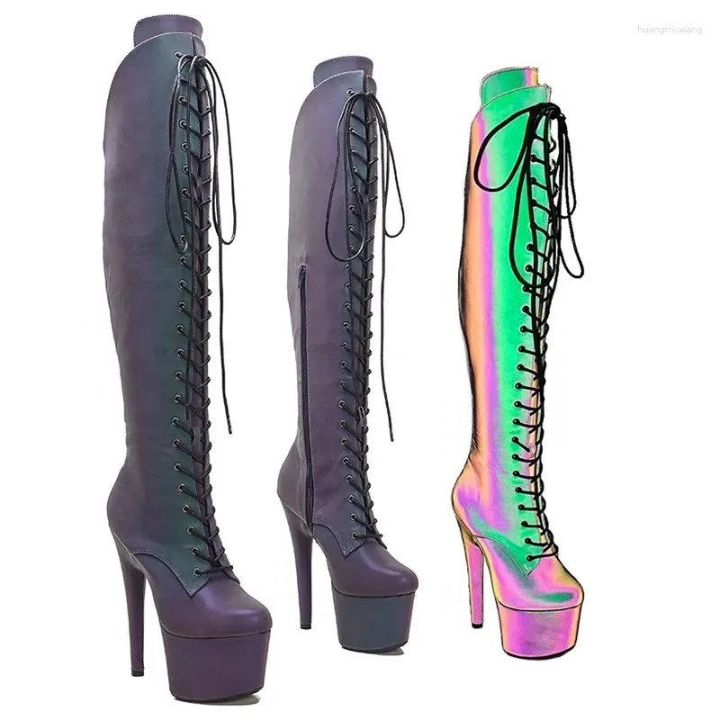 Dance Shoes LAIJIANJINXIA 17CM/7Inch Holographic Upper Women's Platform Party High Heels Modern Knee-High Boots Pole 067