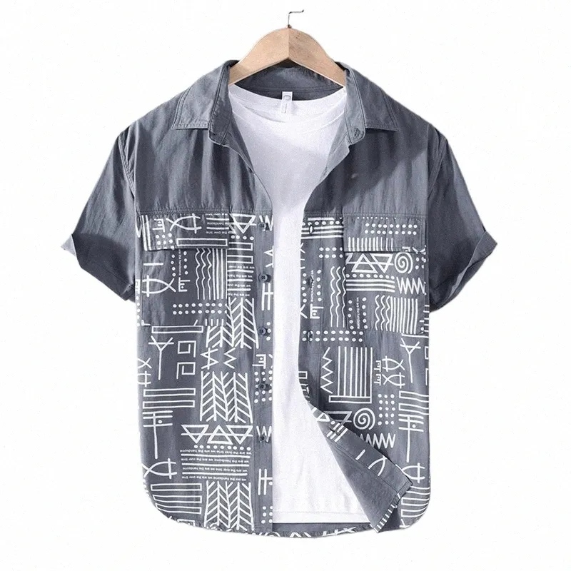 Ny elegant kort ärm Casual Printing Cott Shirt Men Brand Fi Bekväma toppkläder Camisa Masculina Dropship T0QP#