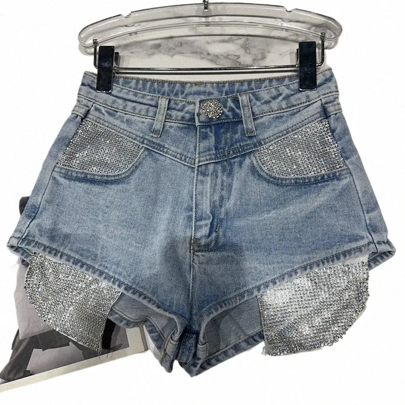 Prepomp 2023 Verão New Collecti Rhineste Bolsos Luz Azul Denim Shorts Mulheres Slim Jeans Curtos GF468 t5vJ #