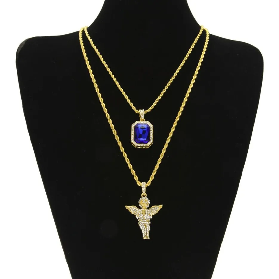 Iced Out Ruby Necklace Set Brand Micro Ruby Angel Jesus Wing Pendant Hip Hop Halsband Male Jewelry Whole296o