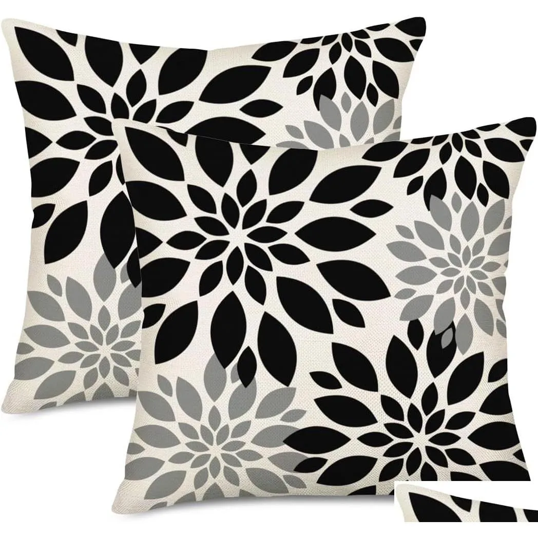 Kudde/dekorativ kudde svart grå vit ers 20x20 tum uppsättning av 2 dahlia blommig dekor kast kuddar droppleverans hem trädgård textil ot6j5