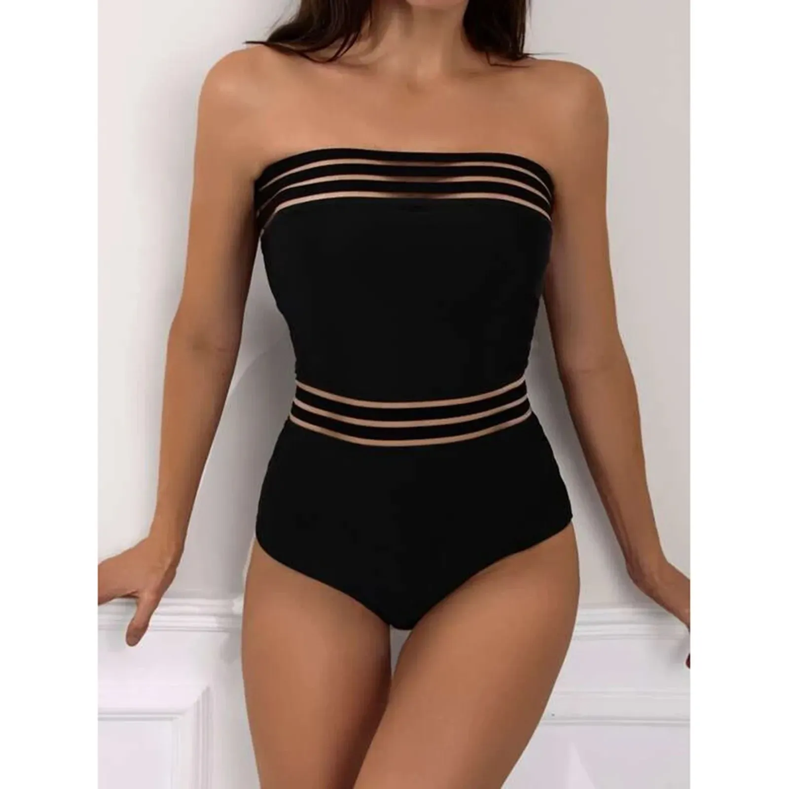 Suits Sexy One Piece Swimsuit Women Black Pink Blue Strapless Hollow Tankini High Waist PushUp Tummy Control Swimwear Monokini